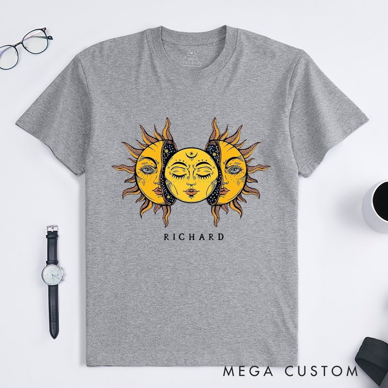 Personalized Sun and Moon Face Classic T-Shirts Custom Unisex Astral Art Graphic Tee Unique Celestial Gift for Him or Her Spiritual Astrology Lovers