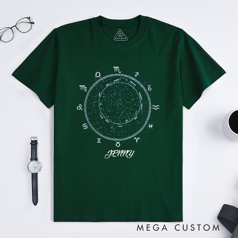 Personalized Zodiac Star Map T-Shirt Custom Astrology Chart Constellation Birthday Gift for Him or Her Unique Celestial Horoscope Shirt for Women Men