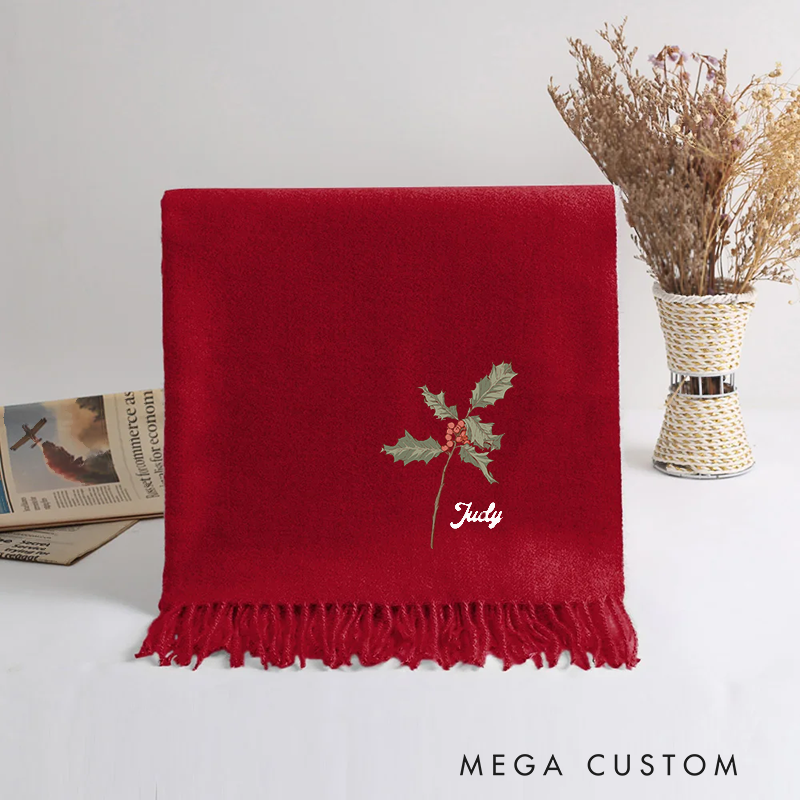 Personalized Birth Flower Soft Warm Tassel Scarf with Name Winter Accessory Anniversary Birthday Gifts