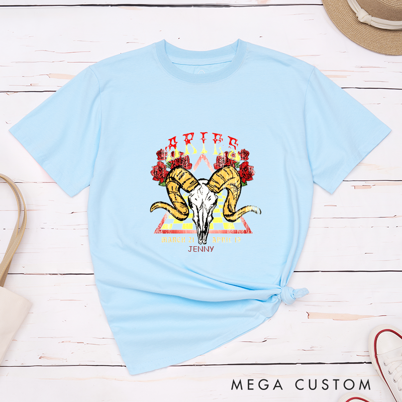 Personalized  Classic T-Shirt Aries Zodiac Ram Skull Graphic Custom Name Unisex Tee Birthday Gift for Horoscope Fans
