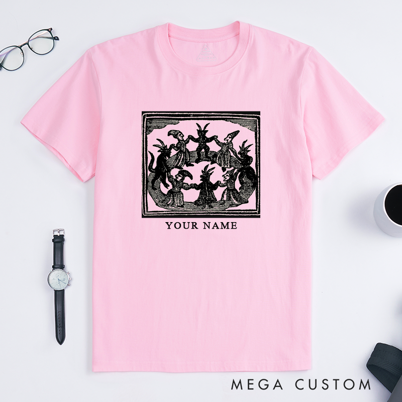 Personalized Classic T-Shirts Witch Circle Vintage Art Unisex Custom Pagan Gift for Him Her Occult Magic Ritual Graphic Tee Unique Birthday Present