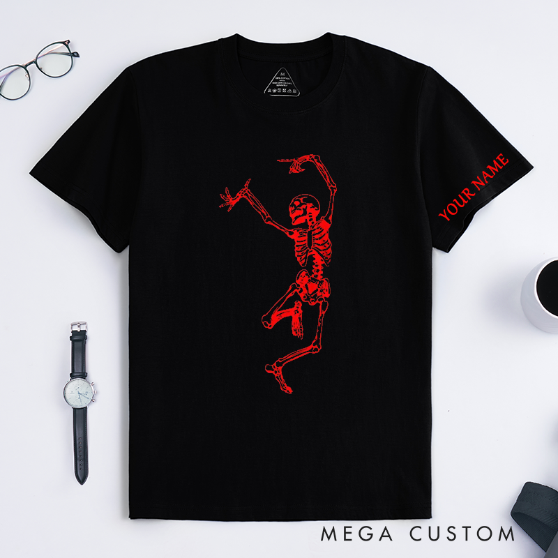 Personalized Classic T-Shirt Dancing Skeleton Unisex Custom Name Red Skeleton Graphic Halloween Gift for Men and Women Cool Skull Personalized Present