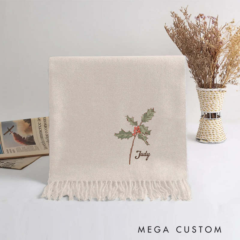 Personalized Birth Flower Soft Warm Tassel Scarf with Name Winter Accessory Anniversary Birthday Gifts