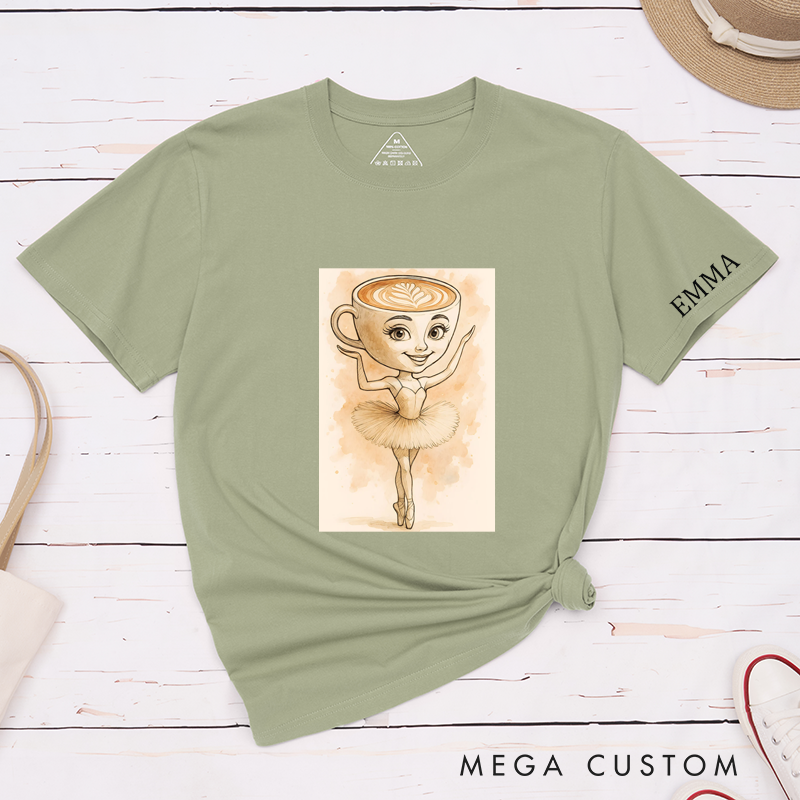 Personalized Coffee Lover Ballet Dancer Classic T-Shirts Custom Cute Latte Art Ballerina Shirt Unique Barista Gift for Dance Enthusiasts