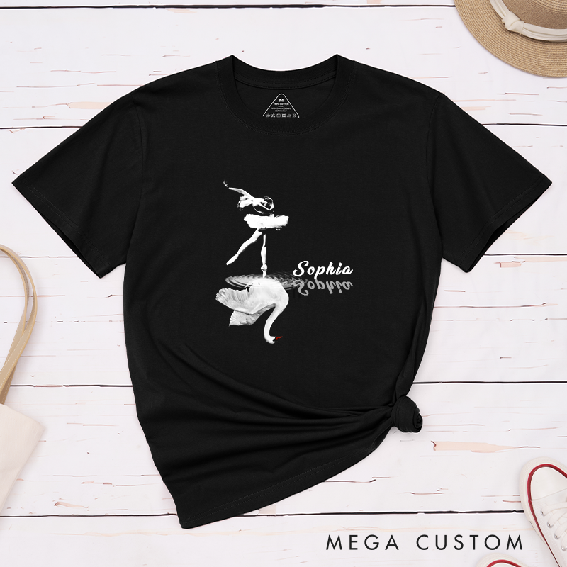 Personalized Ballet Dancer and Swan Classic T-Shirts Custom Name Gift Unique Ballerina Dance Lover Shirt for Men and Women Artistic Reflection Tee