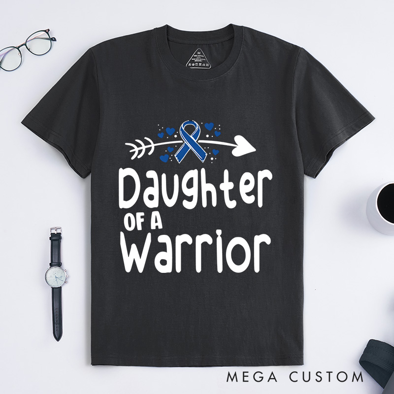 "Daughter of a Warrior" T-shirt celebrating resilience and strength with a ribbon and arrow Colon Cancer.