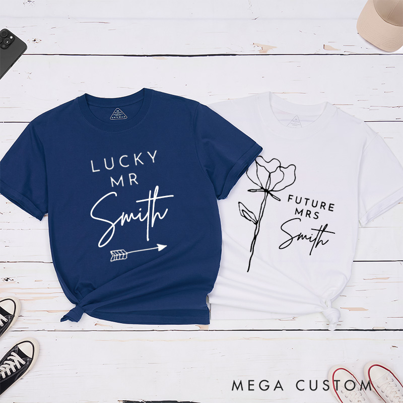 Personalized Minimalist Future Mrs and Lucky Mr with Flower and Arrow Matching Engagement Couple Classic T-Shirt