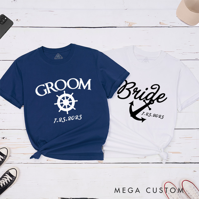 Personalized Elegant Nautical Bride and Groom with Anchor and Helm Matching Wedding Couple Classic T-Shirt