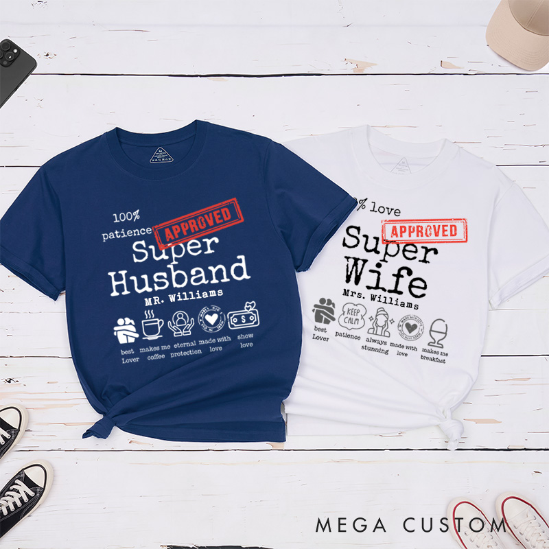 Personalized Fun Approved Super Wife and Super Husband Matching Wedding Couple Classic T-Shirt