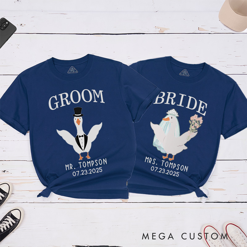 Personalized Whimsical Bride and Groom Silly Goose Matching Wedding Couple Classic T-Shirt