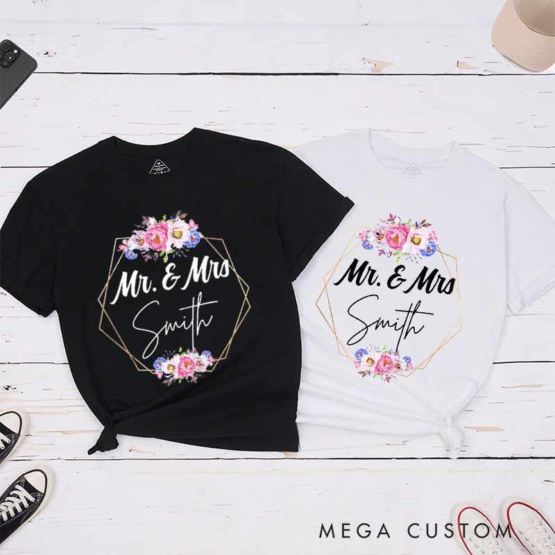 Personalized Geometric Frame with Watercolor Floral Mr and Mrs Wedding Couple Classic T-Shirt