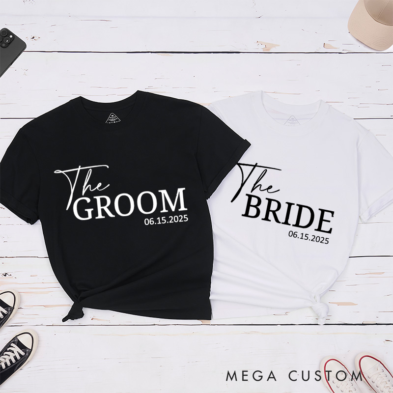 Personalized Minimalist The Bride and The Groom with Date Matching Wedding Couple Classic T-Shirt