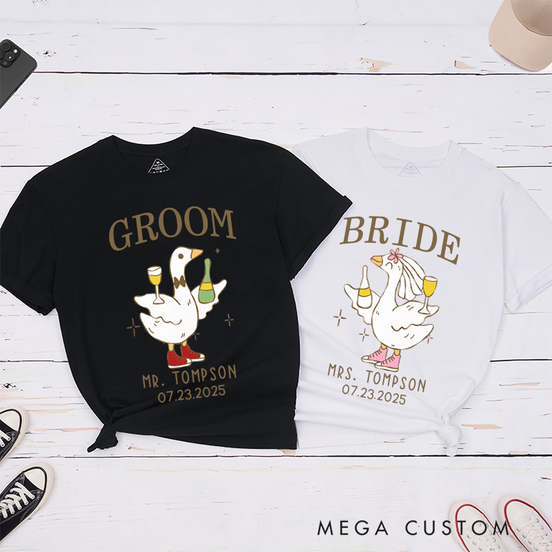 Personalized Lively Bride and Groom Silly Goose with Champagne Matching Wedding Couple Classic T-Shirt