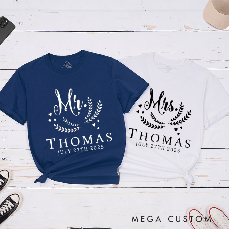 Personalized Graceful Mr and Mrs with Oliver Branches Matching Wedding Couple Classic T-Shirt