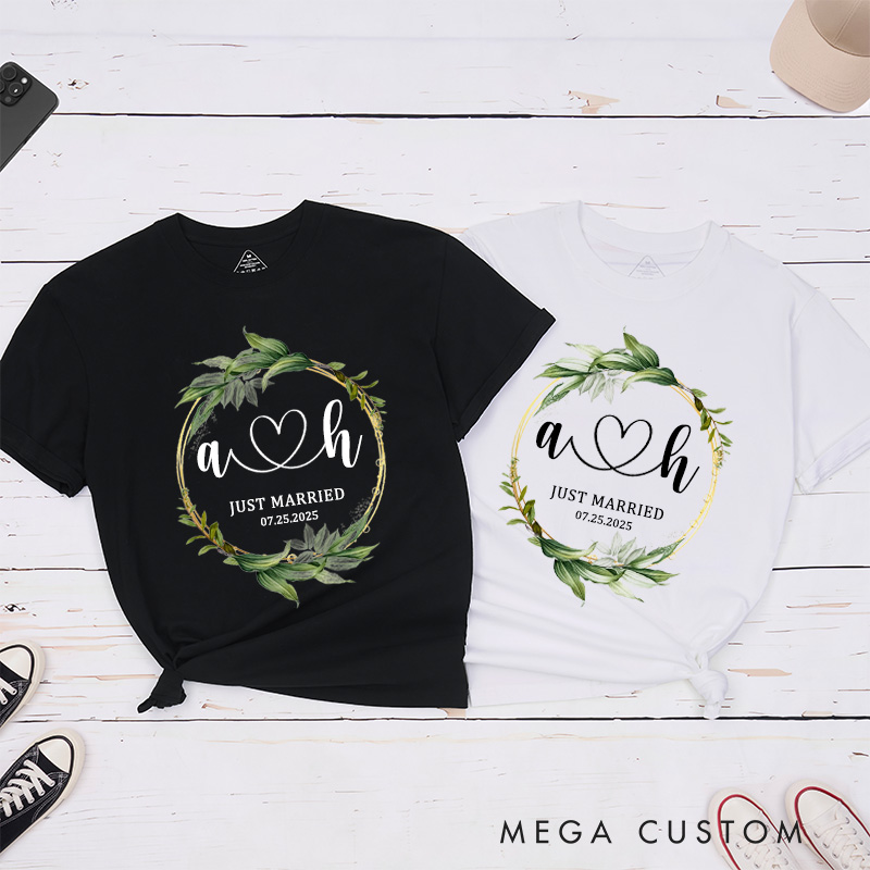 Personalized Romantic Botanical Just Married with Initials Wedding Couple Classic T-Shirt