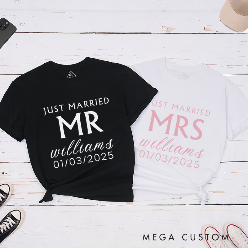 Personalized Minimalist Just Married Mr and Mrs Wedding Couple Classic T-Shirt
