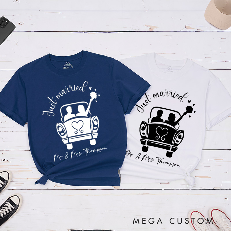 Personalized Romantic Just Married with Wedding Car Wedding Couple Classic T-Shirt