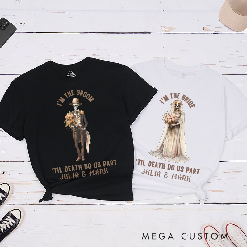 Personalized Retro Til Death Do Us Part Skeleton Bride and Groom Matching Wedding Couple Classic T-Shirt