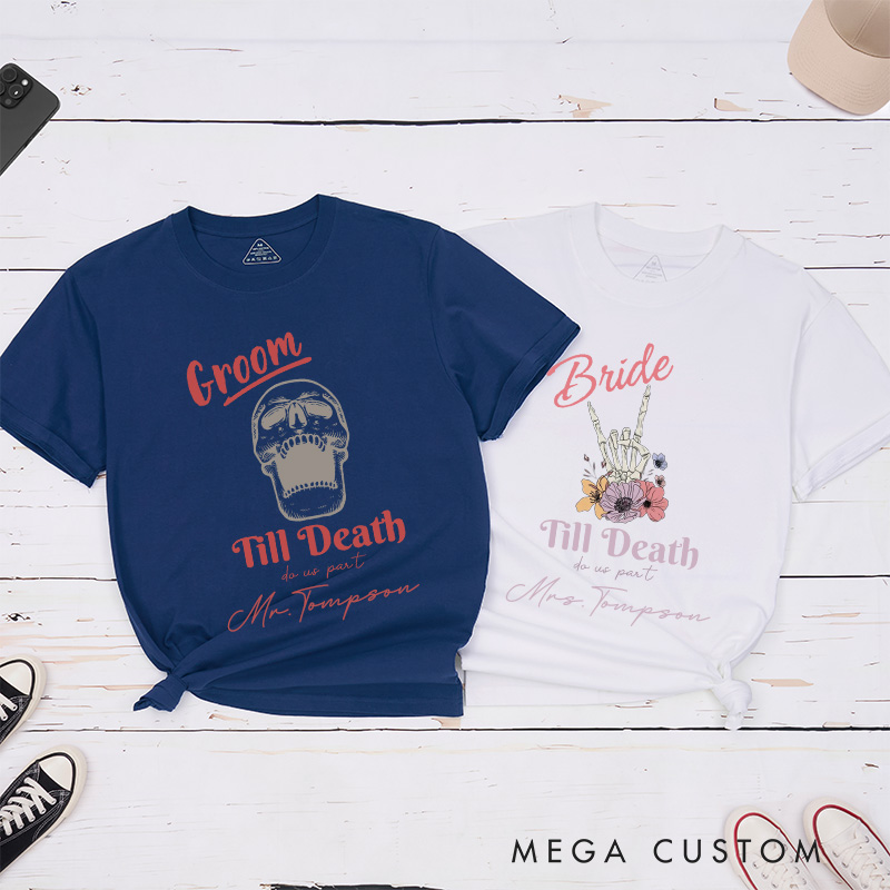 Personalized Vinatge Til Death Do Us Part Skeleton Bride and Groom Matching Wedding Couple Classic T-Shirt
