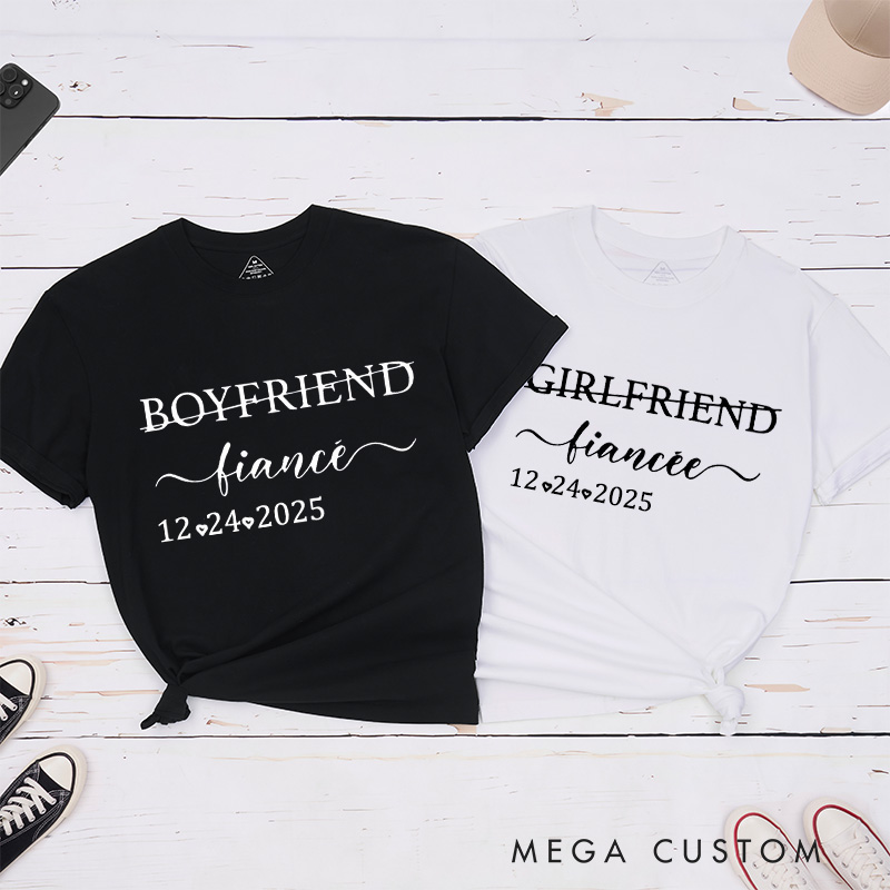 Personalized Elegant Girlfriend to Fiancée and Boyfriend to Fiancé with Date Engagement Couple Classic T-Shirt