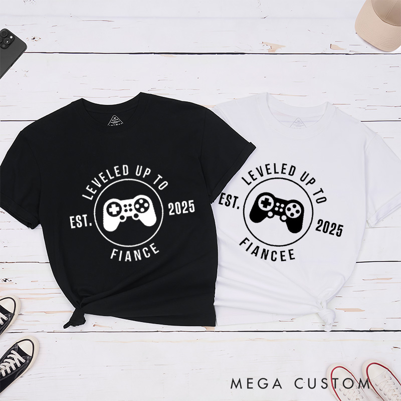 Personalized Leveled Up to Fiancée and Fiancé with Gaming Controller Engagement Couple Classic T-Shirt