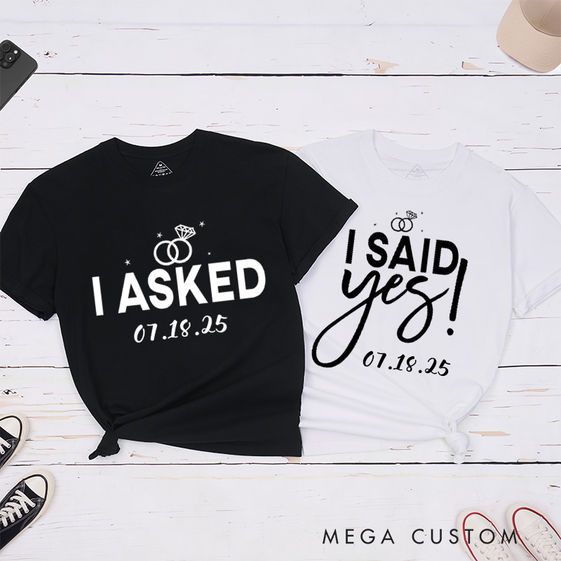 Personalized Elegant I Asked and I Said Yes Engagement Announcement with Rings Engagement Couple Classic T-Shirt