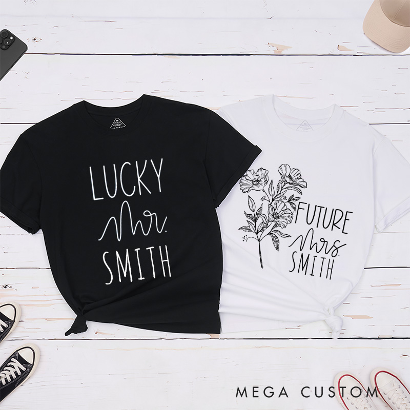 Personalized Floral Future Mrs and Lucky Mr Engagement Couple Classic T-Shirt