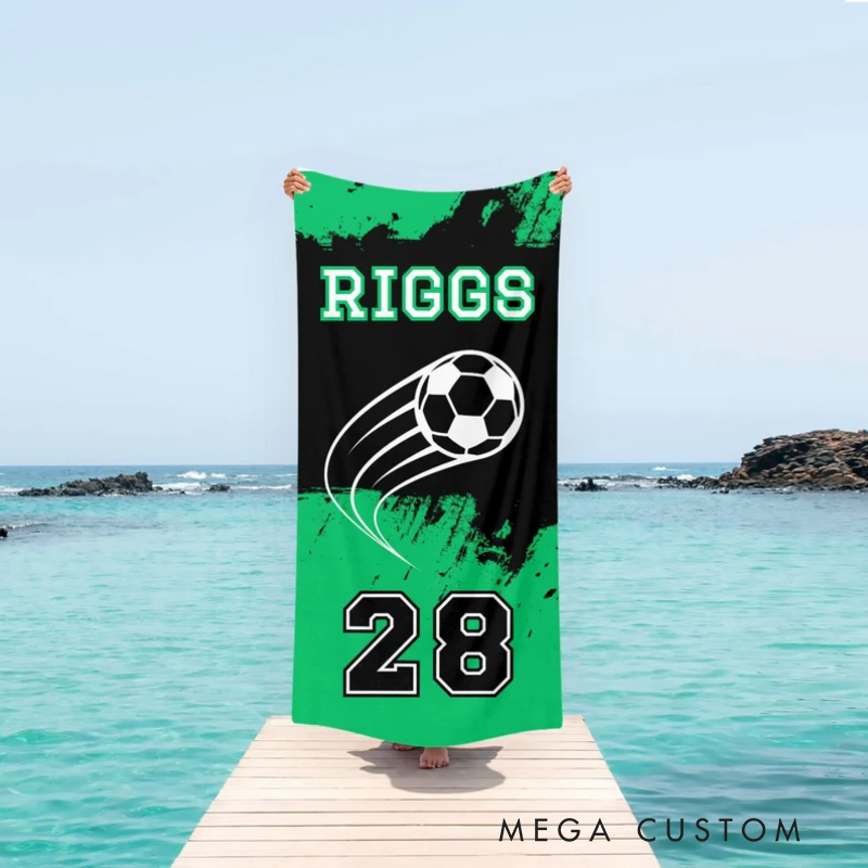 Personalized Soccer Beach Towel with Custom Name Jersey Number and Soccer Ball Design Perfect for Soccer Fans and Beach or Poolside Adventures