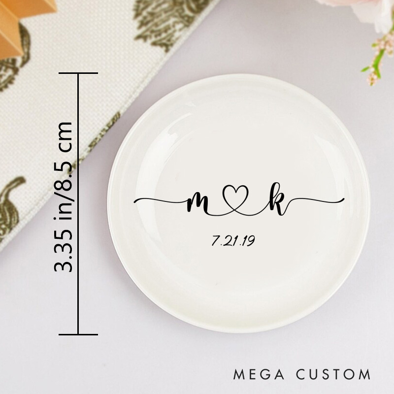 Personalized Elegant Flowing Initials with Heart and Date Wedding Engagement Round Ring Dish