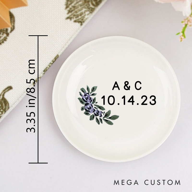 Personalized Elegant Watercolor Purple Floral with Initials Wedding Engagement Round Ring Dish
