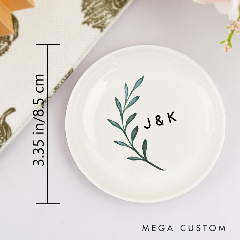 Personalized Watercolor Olive Branch with Initials Wedding Engagement Round Ring Dish
