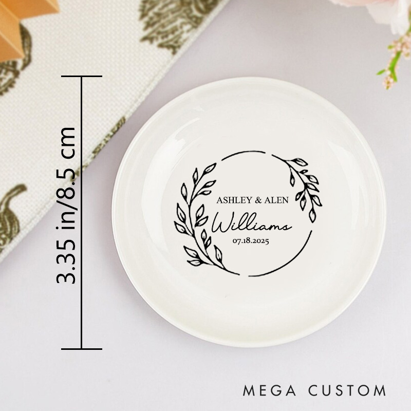Personalized Elegant Circular Laurel Monogram Wedding Engagement Round Ring Dish