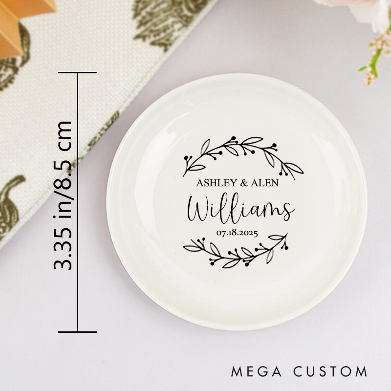 Personalized Delicate Botanical Wreath Wedding Monogram Wedding Engagement Round Ring Dish