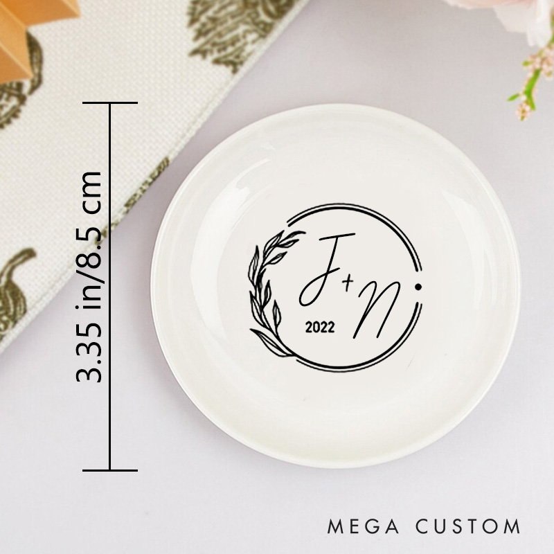 Personalized Modern Circular Initials Wedding Monogram with Botanical Accent Wedding Engagement Round Ring Dish