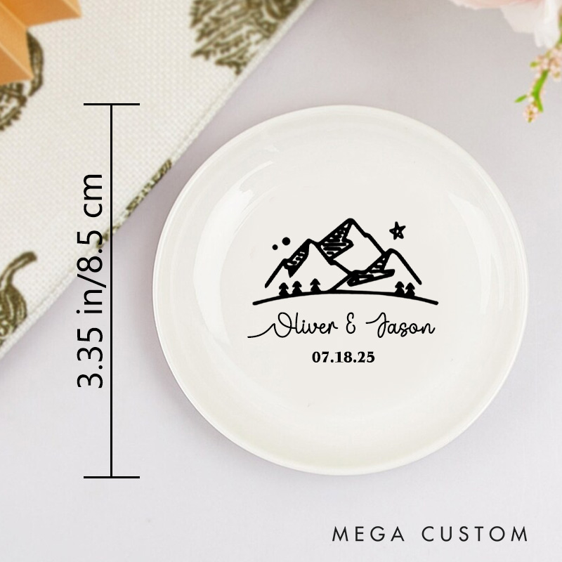Personalized Adventure-Inspired Mountain Under the Night Sky Wedding Engagement Round Ring Dish