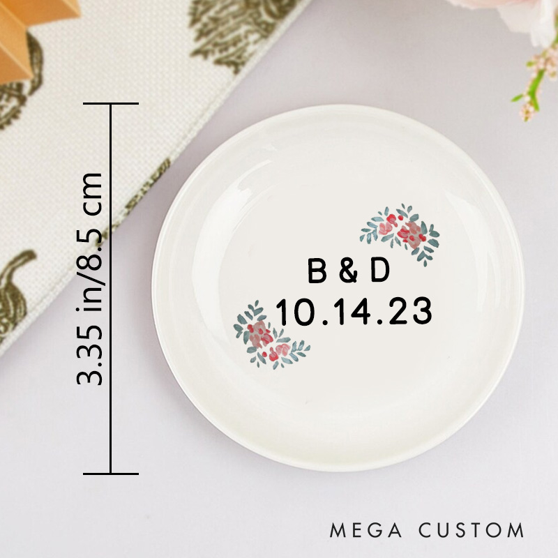 Personalized Red Floral Wedding Monogram with Initials and Date Wedding Engagement Round Ring Dish