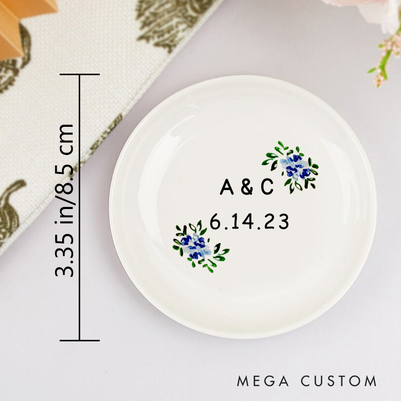 Personalized Blue Floral Wedding Monogram with Initials and Date Wedding Engagement Round Ring Dish