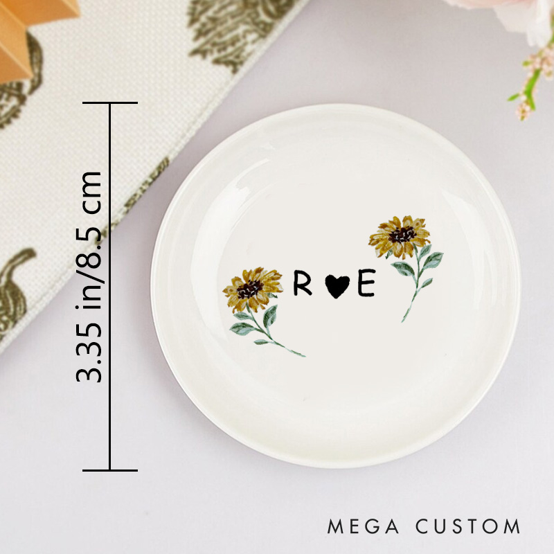 Personalized Cheerful Watercolor Sunflowers with Initials and Heart Wedding Engagement Round Ring Dish