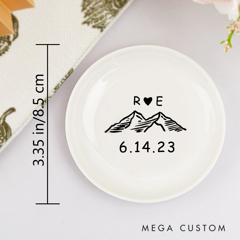 Personalized Mountain Adventure Initials Design with Heart and Date Wedding Engagement Round Ring Dish