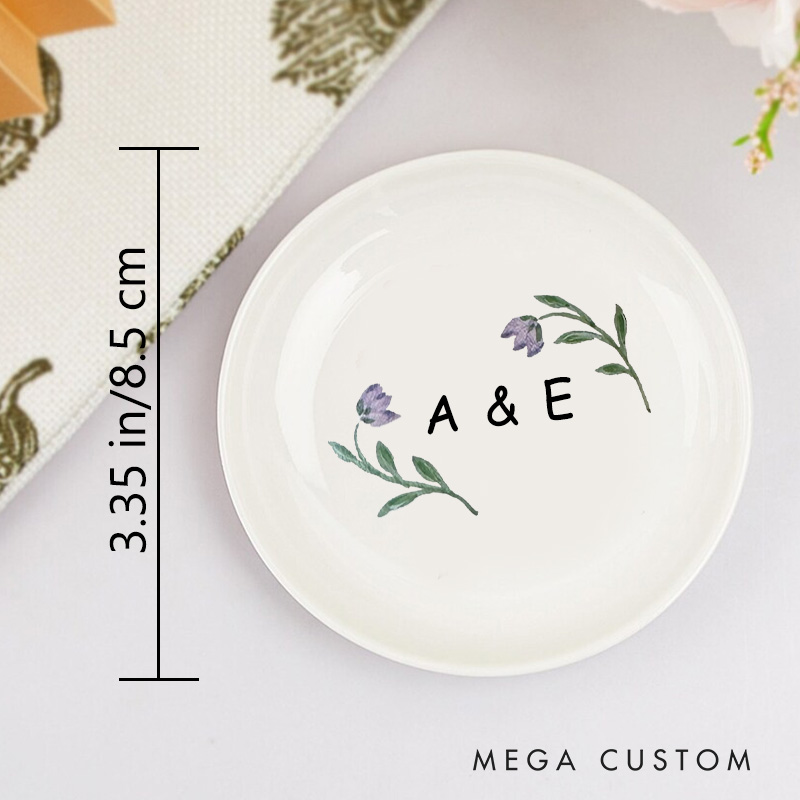 Personalized Watercolor Purple Tulip with Initials Wedding Engagement Round Ring Dish