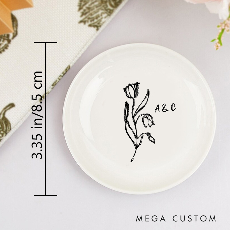 Personalized Artistic Floral Tulip Initials with Date Wedding Engagement Round Ring Dish