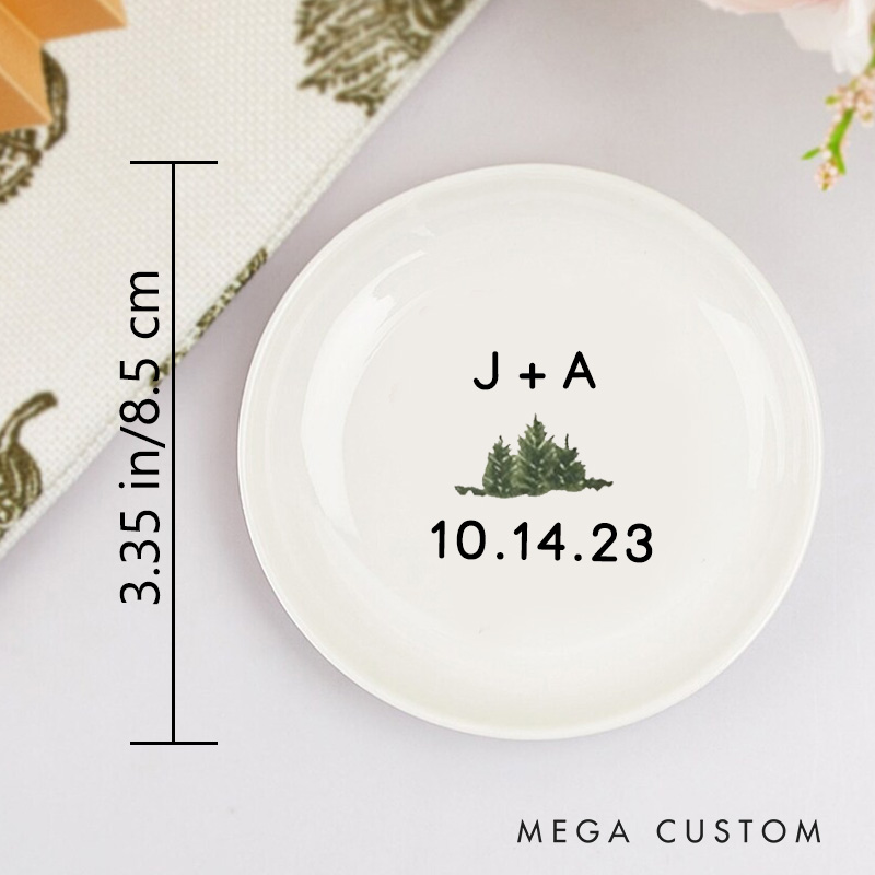 Personalized Minimalist Evergreen with Initials and Date Wedding Engagement Round Ring Dish