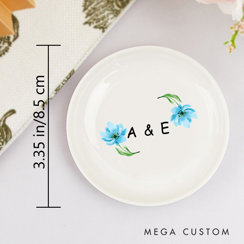 Personalized Watercolor Floral Blue Blossoms with Initials Wedding Engagement Round Ring Dish
