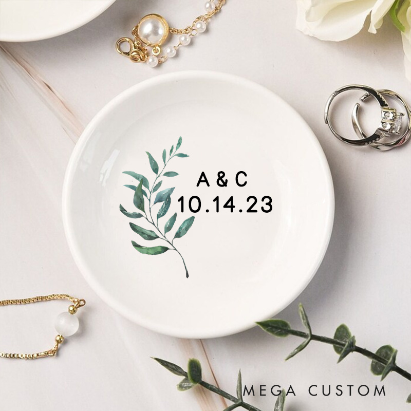 Personalized Elegant Watercolor Fern Leaves with Initials and Date Wedding Engagement Round Ring Dish