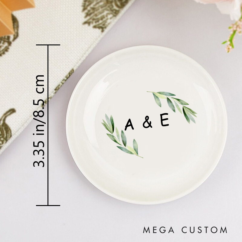 Personalized Watercolor Leafy Branches with Initials Wedding Engagement Round Ring Dish