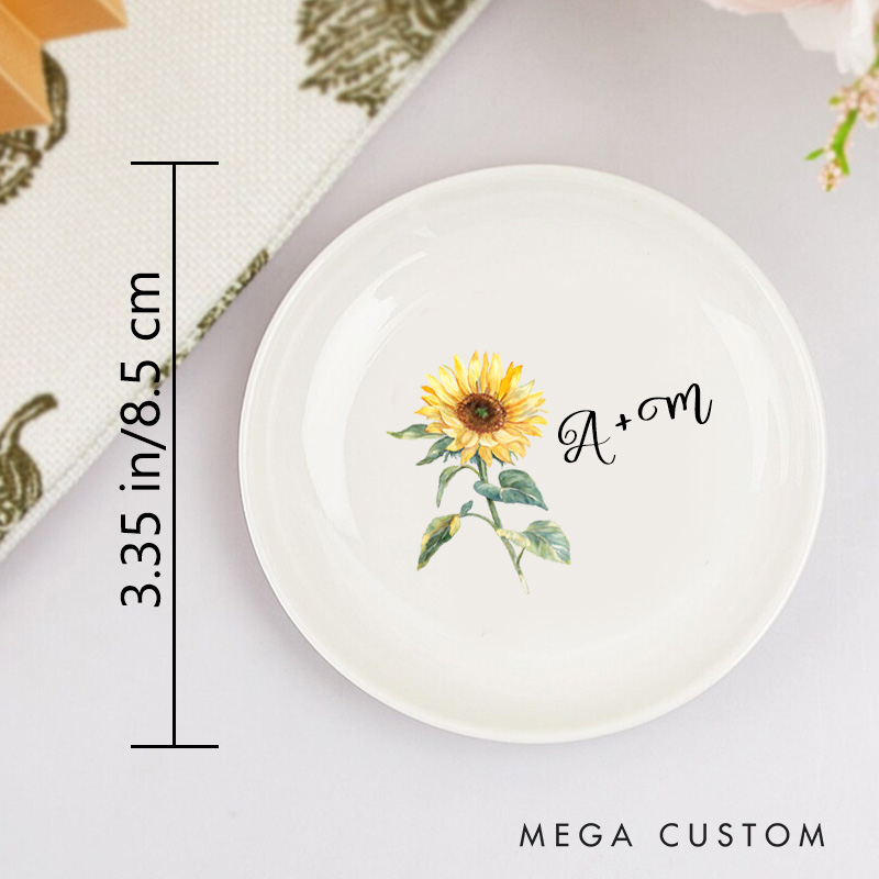 Personalized Vibrant Sunflower with Initials Wedding Engagement Round Ring Dish