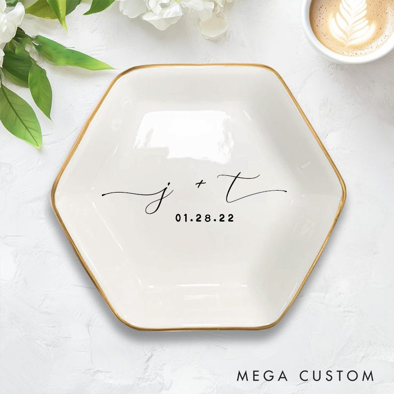 Personalized Minimalist Initials with Date Wedding Engagement Gold-Trimmed Hexagon Ring Dish