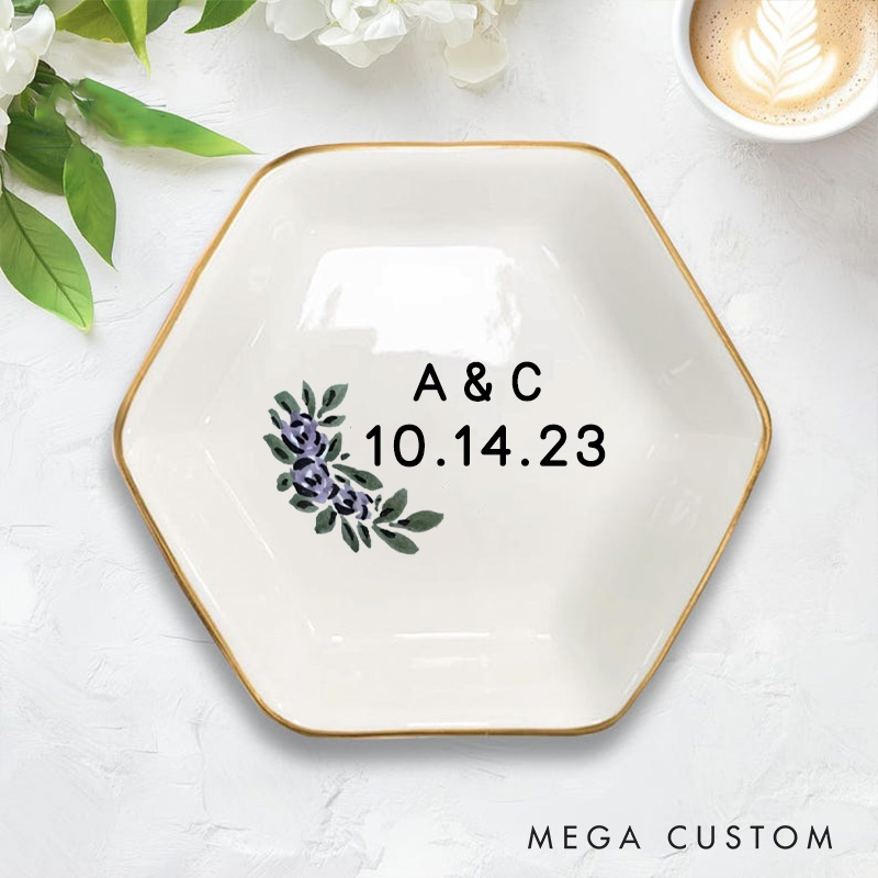 Personalized Elegant Watercolor Purple Floral with Initials Wedding Engagement Couple Gold-Trimmed Hexagon Ring Dish