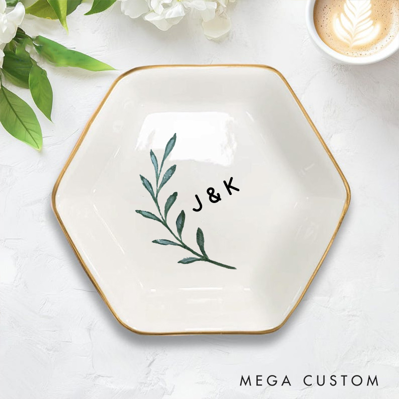 Personalized Watercolor Olive Branch with Initials Wedding Engagement Couple Gold-Trimmed Hexagon Ring Dish