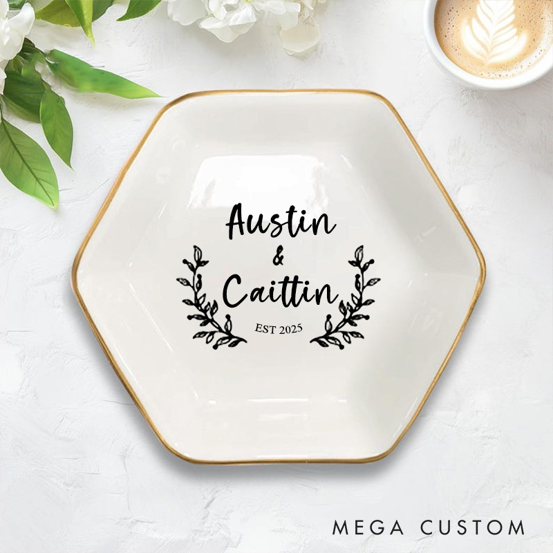 Personalized Rustic Laurel Wreath Wedding Monogram with Names and Date Wedding Engagement Couple Gold-Trimmed Hexagon Ring Dish